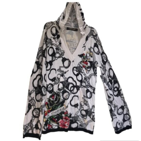 Ed Hardy RARE Vintage Y2K Hoodie Handcuffs Tattoo Crystal Knit Top Sweater L - Picture 3 of 16
